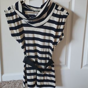 Stylish cowl neck top with belt cream and navy stripes Size L